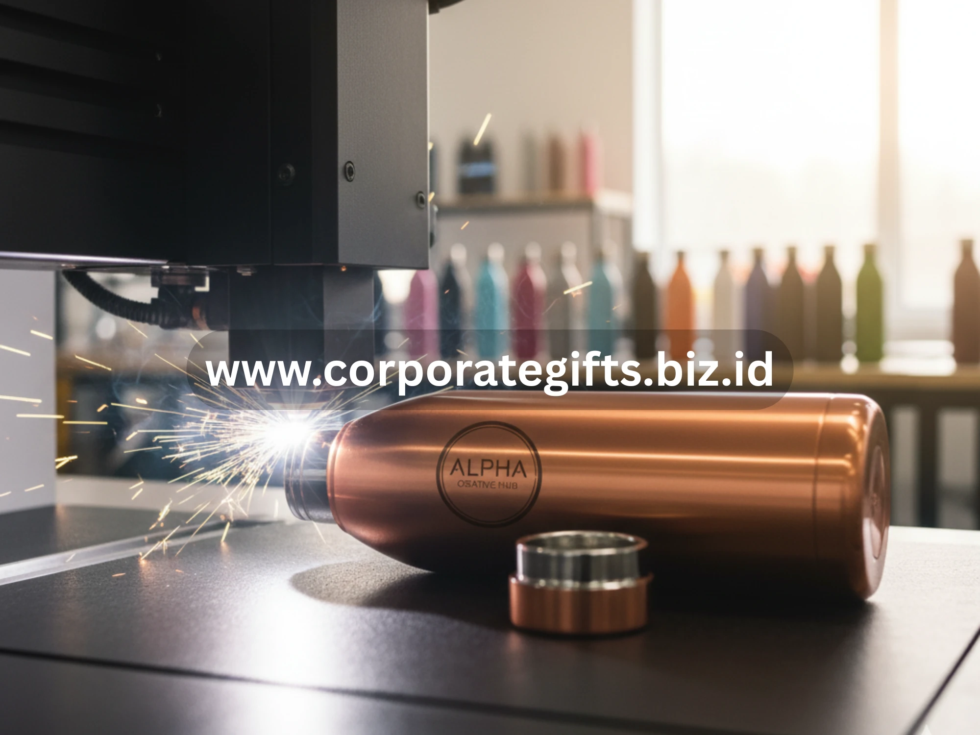 Proses laser engraving logo pada botol stainless untuk branding
